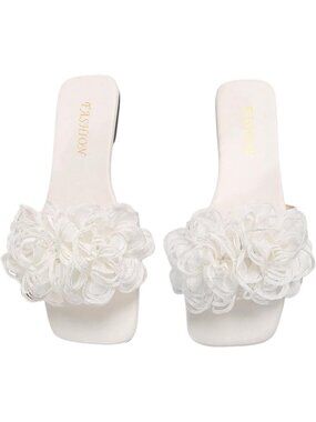 Women's 3D Floral Flat Sandals White Square Open Toe PU Leather Slip on Slides